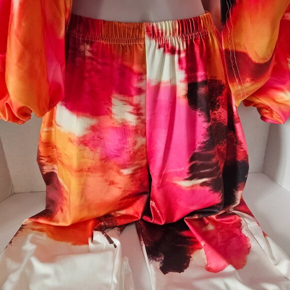 Floral Colorful‎ Batwing Top Two Piece Set Wide Leg Pants SZ SM - Picture 4 of 7